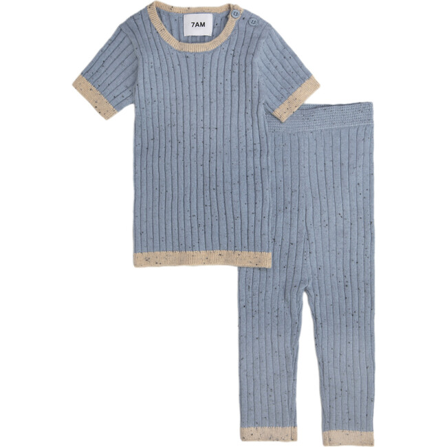 Ribbed Knit Short Sleeve Retro Top, Lake Blue