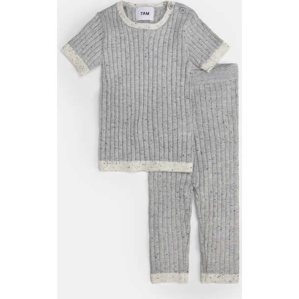 Baby Hug Me Ribbed Contrast Trim Short Sleeve Top, Heather Grey - Shirts - 3