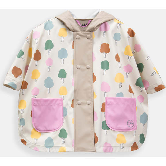 Tree Print Rain Hooded Poncho, Beige