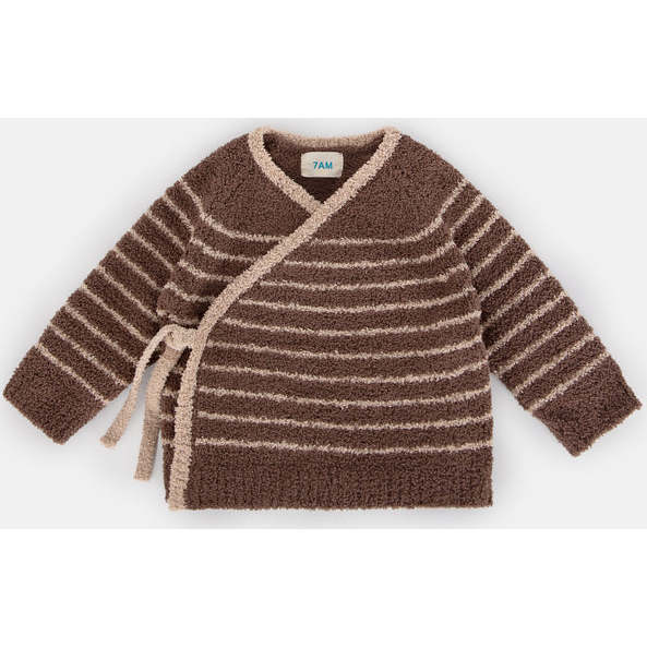 Fuzzy Striped Long Sleeve Wrap Top, Choco & Pecan - Sweaters - 1