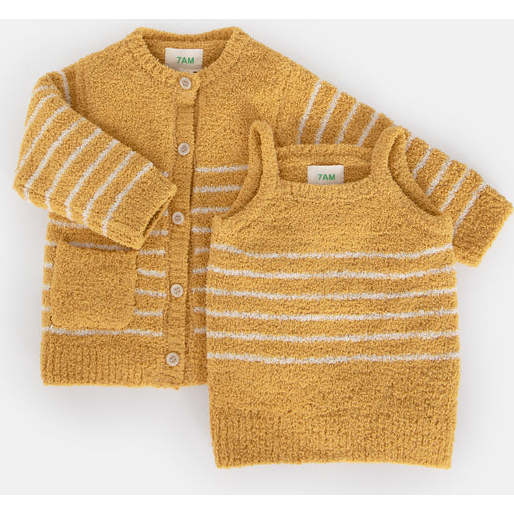 Fuzzy Striped Camisole & Cardigan Set, Amber & Ecru - Cardigans - 1