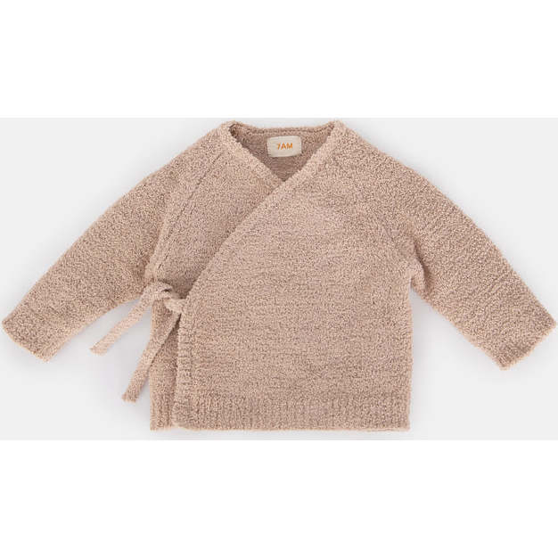 Fuzzy Ribbed Hem Long Sleeve Wrap Top, Pecan