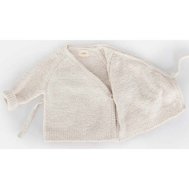 Fuzzy Ribbed Hem Long Sleeve Wrap Top, Ecru