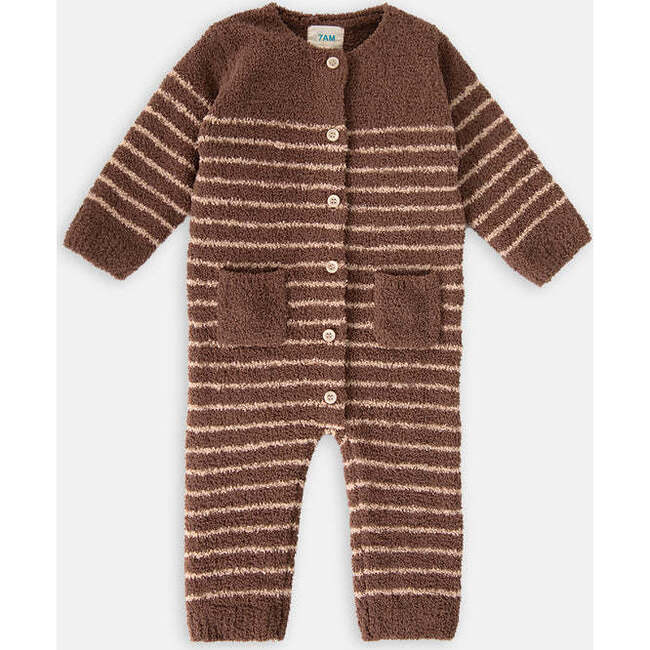 Fuzzy Long Sleeve Buttoned Striped Romper, Choco & Pecan - Bodysuits - 1