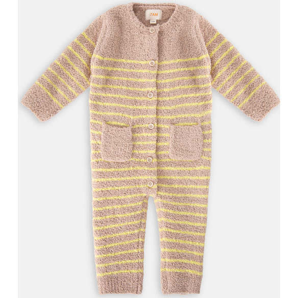 Fuzzy Long Sleeve Buttoned Striped Romper, Pecan & Chartreuse - Bodysuits - 1
