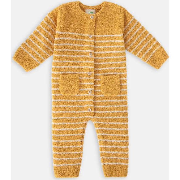 Fuzzy Long Sleeve Buttoned Striped Romper, Amber & Ecru - Bodysuits - 1