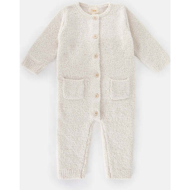 Fuzzy Long Sleeve Buttoned Romper, Ecru