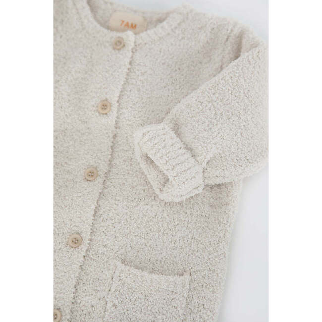 Fuzzy Long Sleeve Buttoned Romper, Ecru