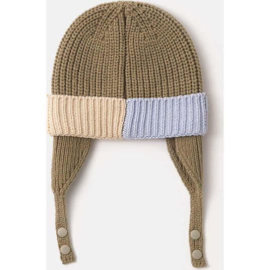 Chunky Ribbed Knit Chin Strap Snap Earflaps Elastic Fit Beanie, Olive