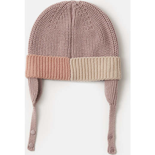 Chunky Ribbed Knit Chin Strap Snap Earflaps Elastic Fit Beanie, Ash Rose