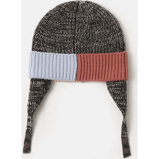 Chunky Ribbed Knit Chin Strap Snap Earflaps Elastic Fit Beanie, Black Melange