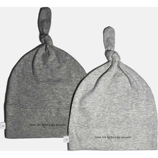 Cotton Top Knot Beanie, Light Grey & Dark Grey