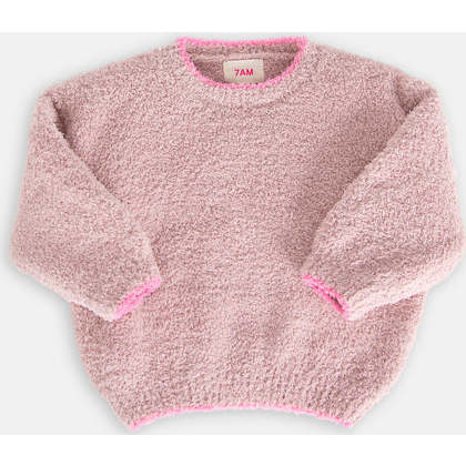 Baby Girls Fuzzy Boxy Contrast Trim Sweater, Ash Rose