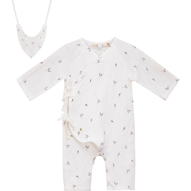 Leaf Print muslin Wrap Romper White