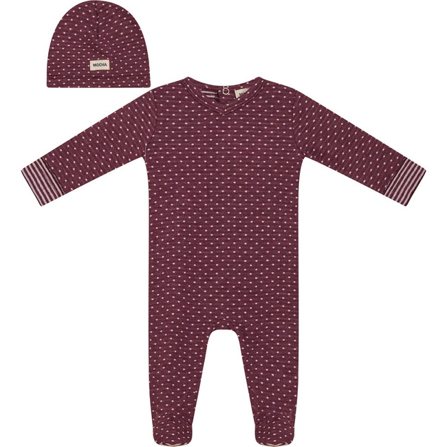 Dot Print Onesie with Hat Burgundy
