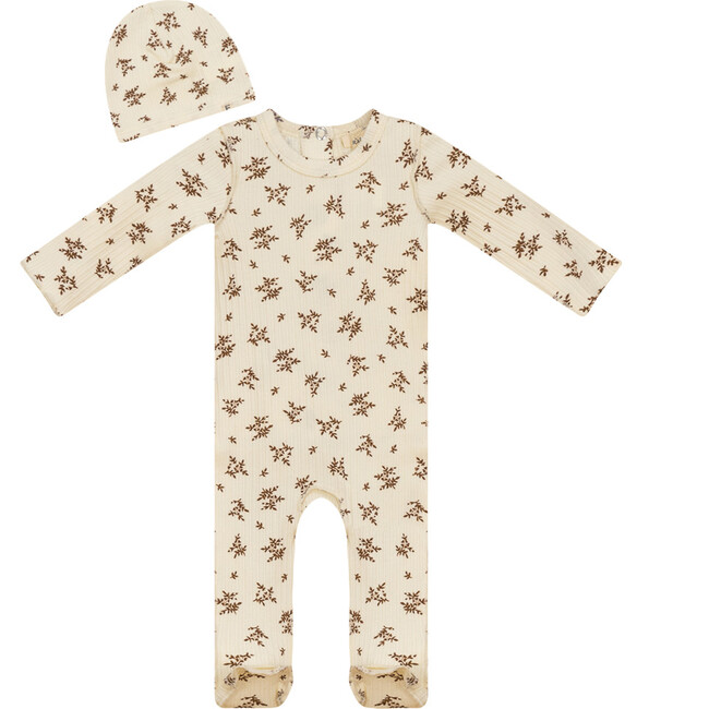 Flower Print Onesie with Hat Off White/Cognac