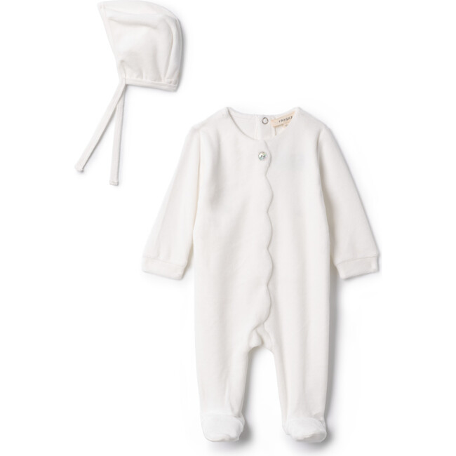 Cotton Velour Scallop Onesie Off White