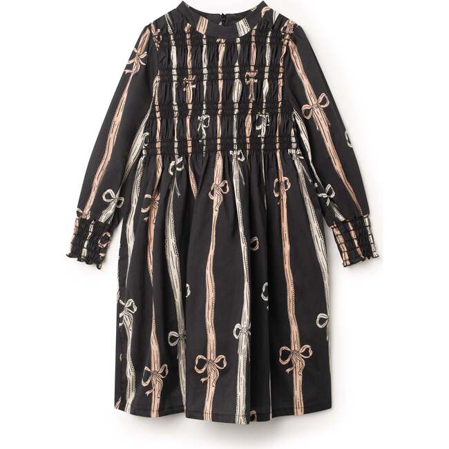 Printed Smocked Cuffs Dress Black Bow-Print