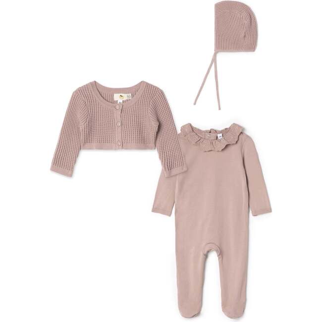 Waffle Knit Onesie Cardigan Set Dark Blush