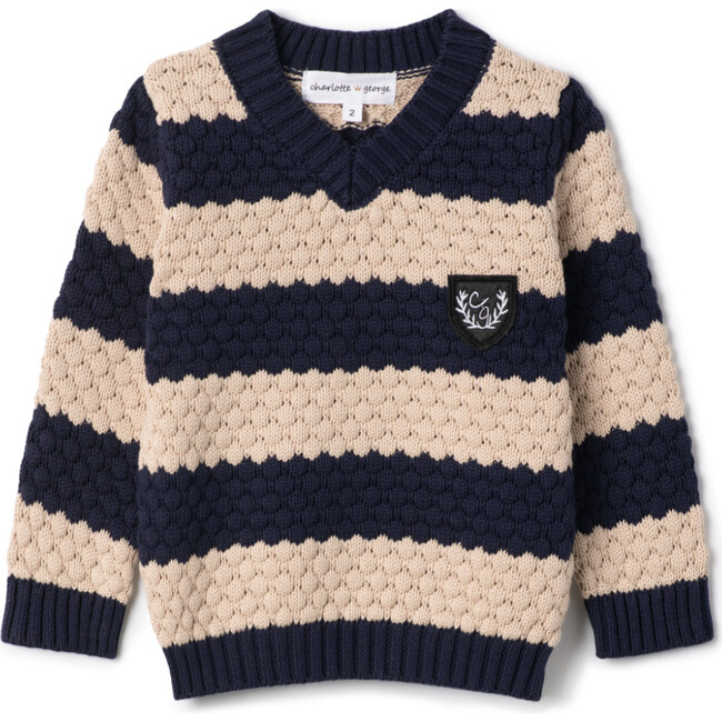 Striped Knit Vneck Sweater Dark Navy/Dark Almond