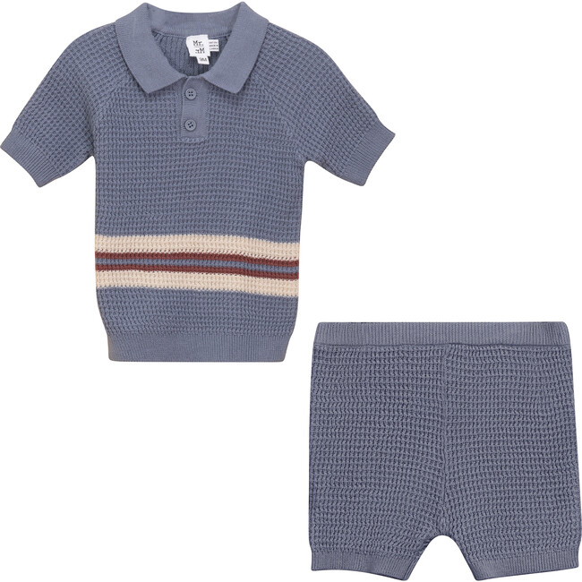 Waffle Knit Striped 2Pc Set Grey Blue/Dark Almond