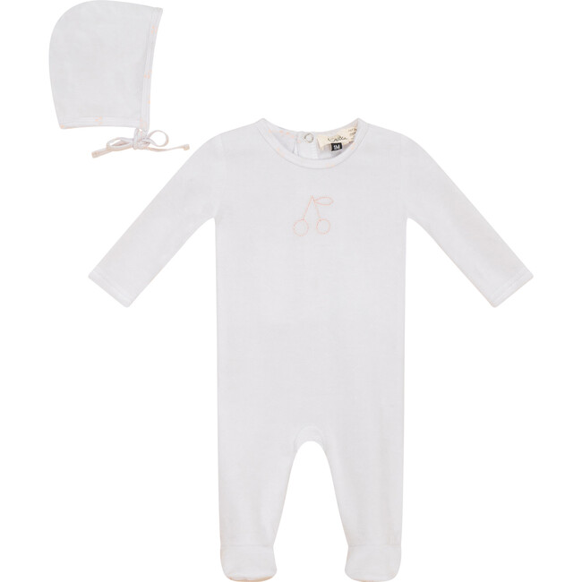 Cherry Print Onesie and Bonnet Velour Set White/Pink