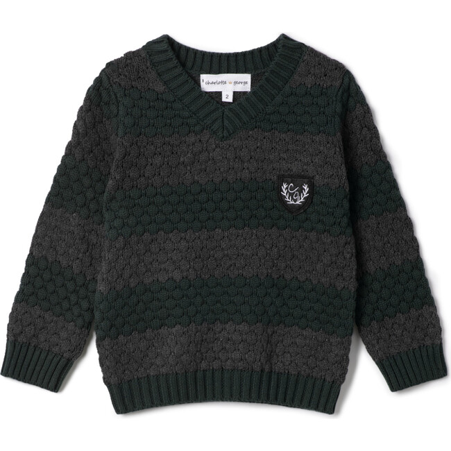 Striped Knit Vneck Sweater Forest/Charcoal