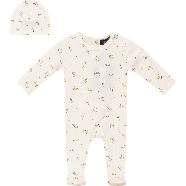 Floral Printed Onesie and Hat Off White