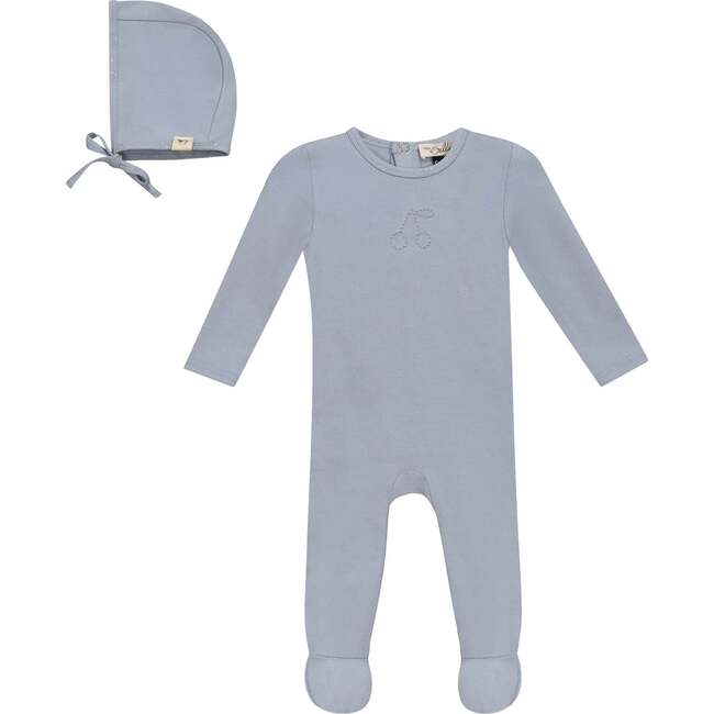 Cherry Print romper and Bonnet Set Blue
