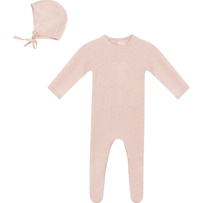 Pony Bow Print Onesie and Hat Soft Pink