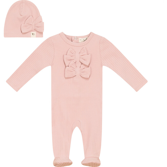 Bow Stitch Velour Onesie with Hat Petal