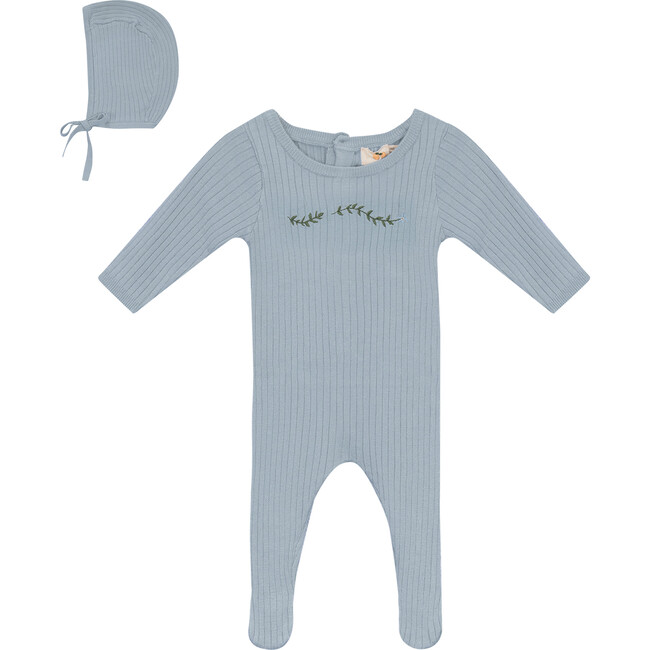Rib Knit Stretchie and Bonnet Blue Mist