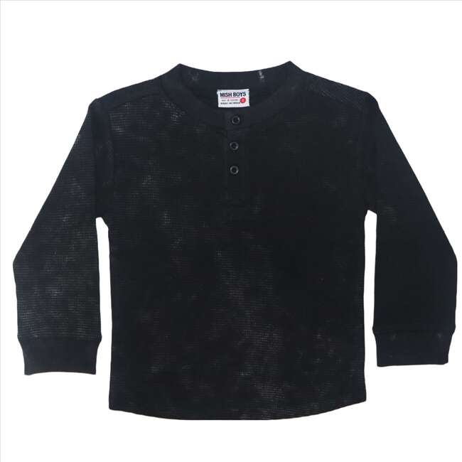 Kids Long Sleeve Thermal Henley Tee, Black Enzyme - Shirts - 1