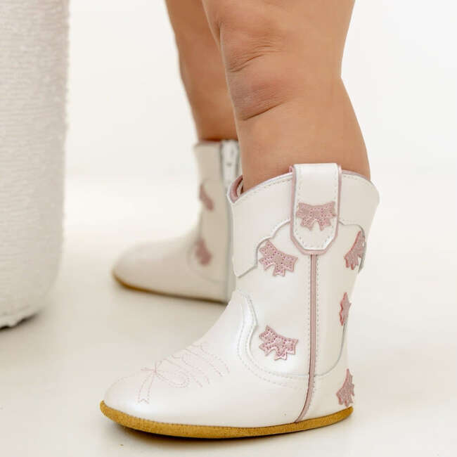 Cowgirl Bow Baby Bootie, White & Pink