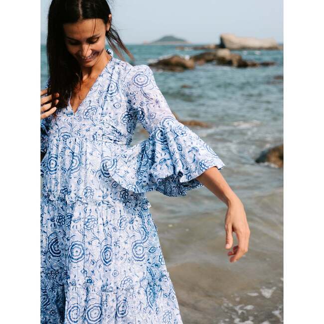 Block Printed Women's Dress - Blue Floral - Dresses - 5