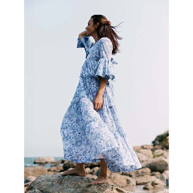 Block Printed Women's Dress - Blue Floral - Dresses - 6