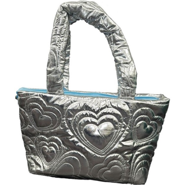 SILVER SHINING HEART PUFFY OVERNIGHT BAG