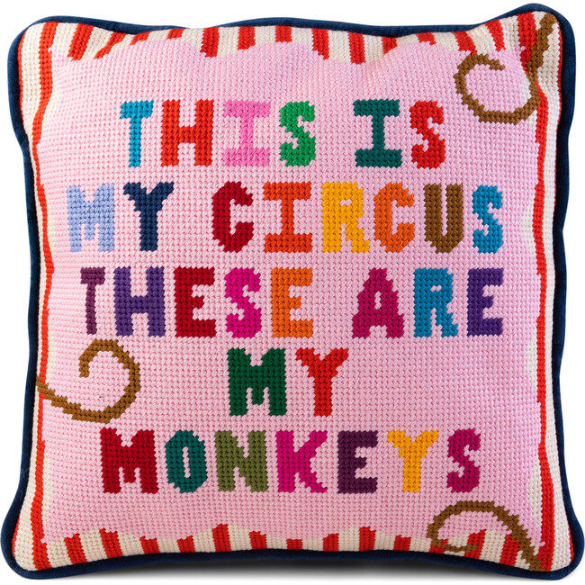 My Circus Needlepoint Pillow, Pink, Dark blue