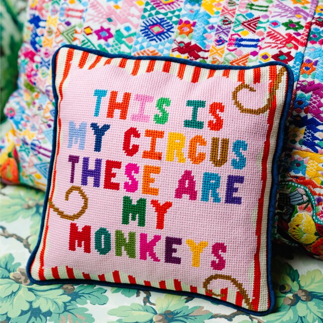 My Circus Needlepoint Pillow, Pink, Dark blue
