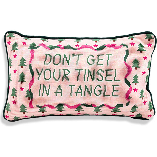 Tinsel in a Tangle Needlepoint Pillow, Pink, Green