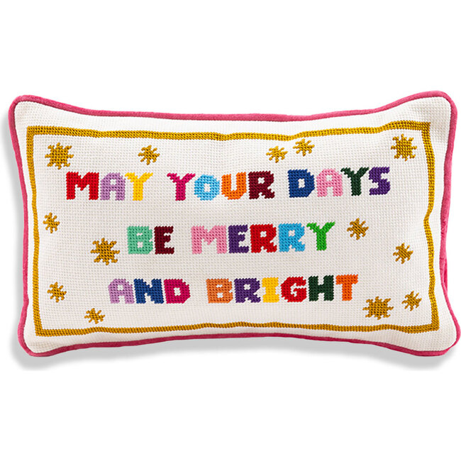 Merry & Bright Needlepoint Pillow, White, Pink, Rainbow
