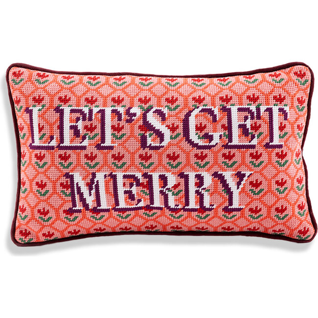 Let's Get Merry Needlepoint Pillow, Maroon, Red
