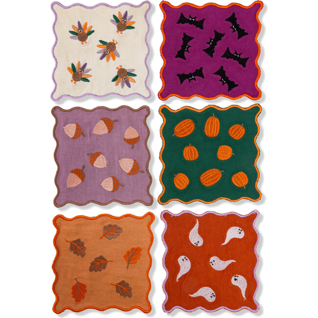 Fall Cocktail Napkin Set of 6, Green, Orange, Purple, White, Brown