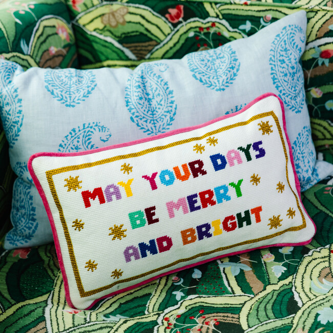 Merry & Bright Needlepoint Pillow, White, Pink, Rainbow