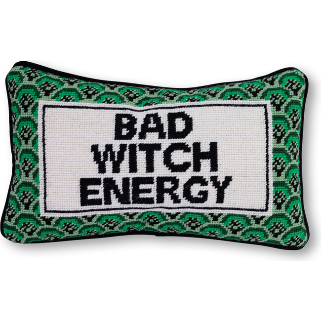 Bad Witch Energy Needlepoint Pillow, Green, Black