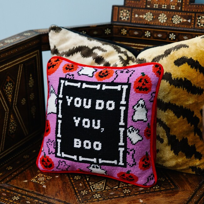 Boo Needlepoint Pillow, Pink, Black