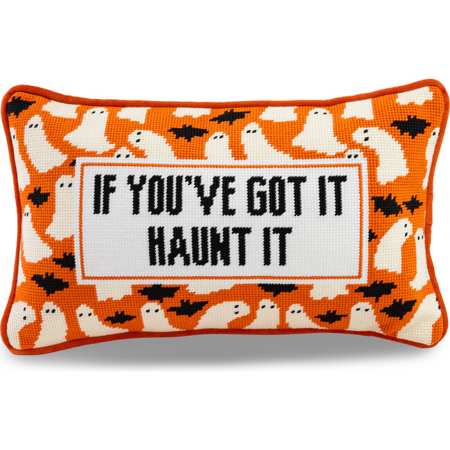 Haunt It Needlepoint Pillow, Orange, White