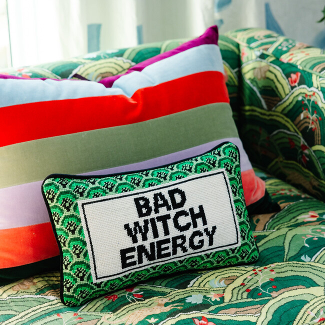 Bad Witch Energy Needlepoint Pillow, Green, Black