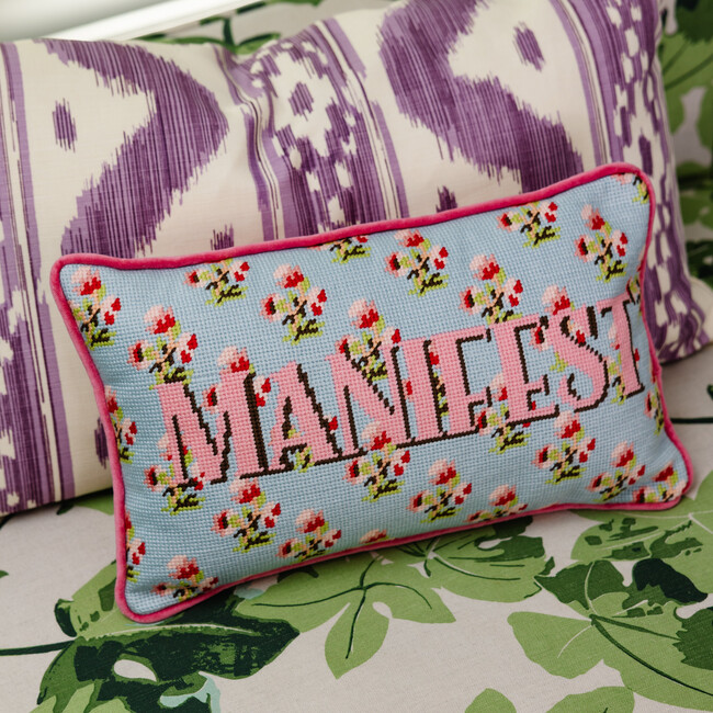 Manifest Needlepoint Pillow, Light Blue, Pink