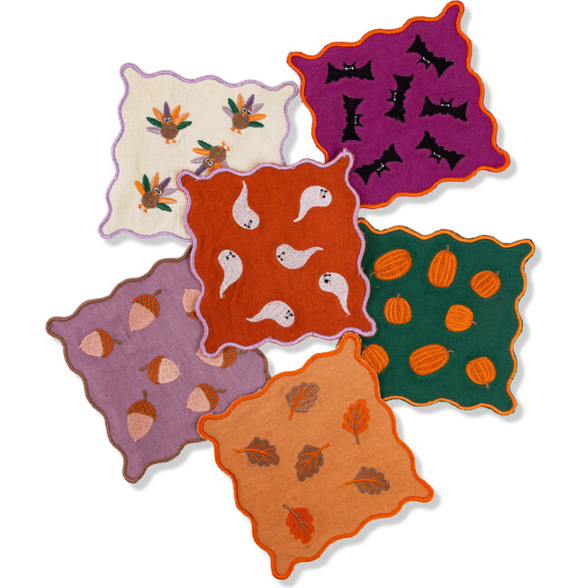 Fall Cocktail Napkin Set of 6, Green, Orange, Purple, White, Brown